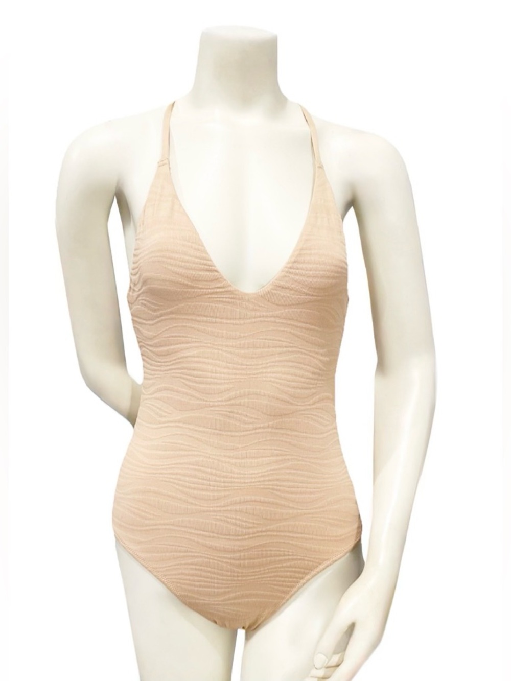 Aerie Beige Textured One Piece Swimsuit Open Back Beaded Strap M - Picture 4 of 10